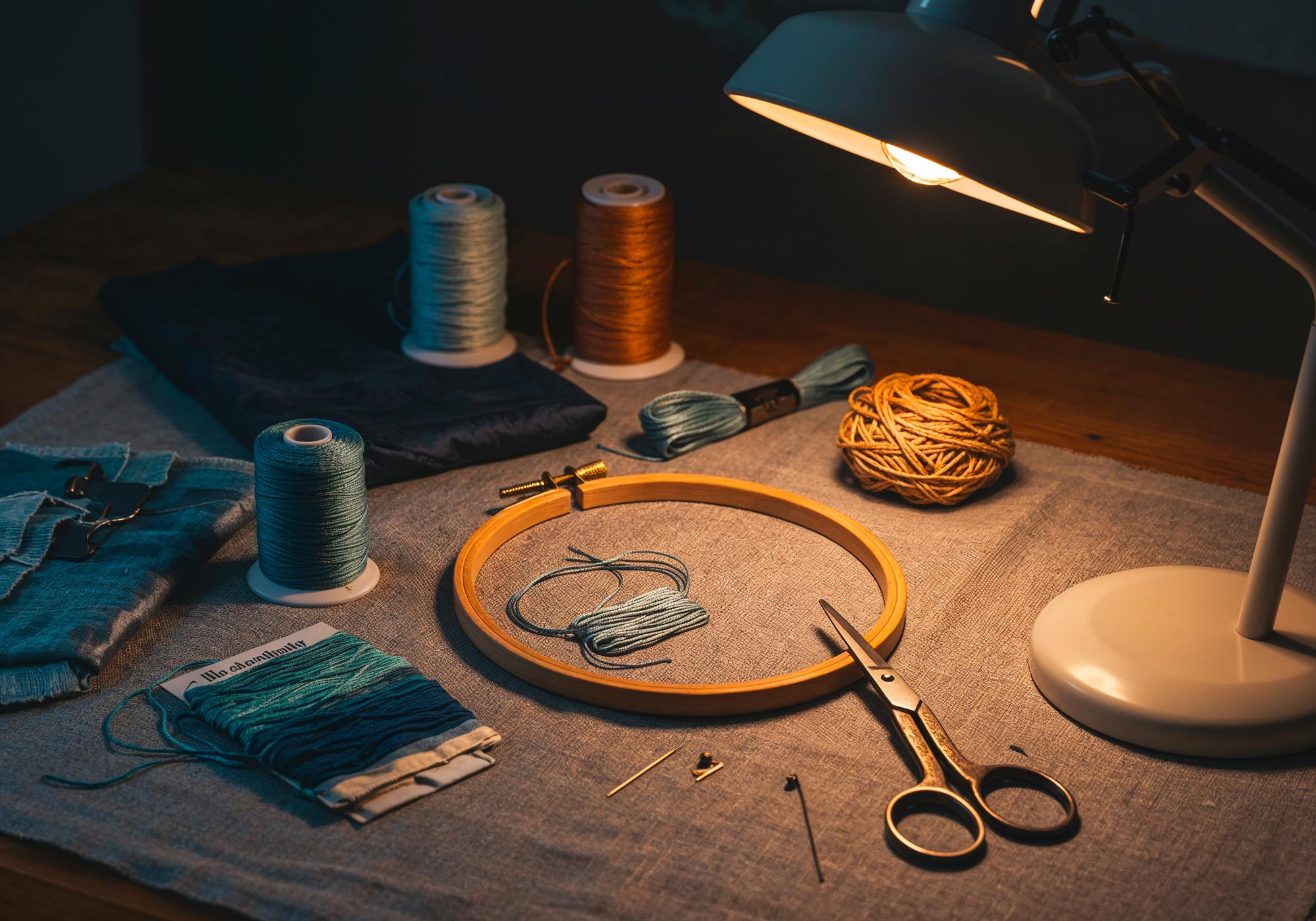 studio workbench with threads and hoop